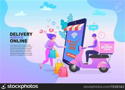 Delivery concept website landing page. Young delivery man sitting on a scooter. cartoon vector illustration.