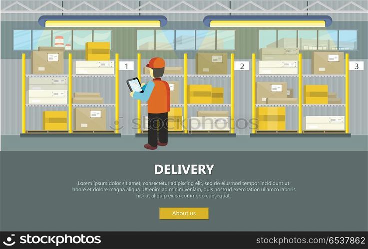 Delivery conceptual vector web banner. Flat style. Man in uniform with tablet working in warehouse. Illustration for postal online services, startups, corporate web sites, landing pages design . Delivery Conceptual Vector Web Banner in Flat Style. Delivery Conceptual Vector Web Banner in Flat Style