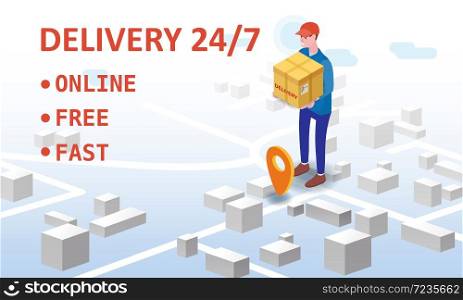 Delivery courer character man with package parcel box. Delivery 24 7 courer character man with package parcel box, map isometry background. Vector illustration isolated