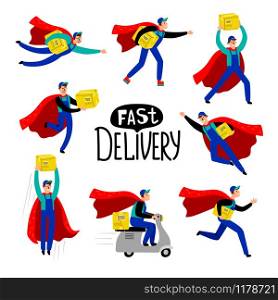 Delivery courier character. Delivering man with smiling face vector illustration, delivery service guy with box package and motorbike, blue cap and red cloak. Delivery courier character