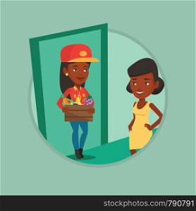 Delivery courier delivering online grocery shopping order to customer. Girl receiving groceries from delivery courier at home. Vector flat design illustration in the circle isolated on background.. Delivery courier delivering groceries to customer.