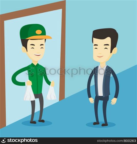 Delivery courier delivering online shopping order. Man receiving packages with groceries from delivery courier. Man delivering groceries to customer. Vector flat design illustration. Square layout.. Delivery courier delivering groceries to customer.