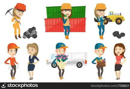 Delivery courier delivering online shopping order to customer. Woman receiving packages with groceries from delivery courier. Set of vector flat design illustrations isolated on white background.. Vector set of industrial workers.