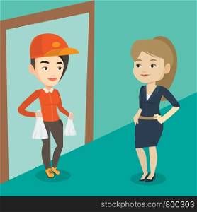 Delivery courier delivering online shopping order. Woman receiving packages with groceries from delivery courier. Woman delivering groceries to customer. Vector flat design illustration. Square layout. Delivery courier delivering groceries to customer.