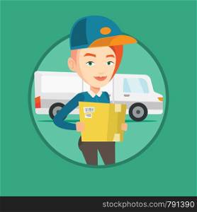 Delivery courier holding box on the background of truck. Delivery courier carrying cardboard box. Delivery courier with box in hands. Vector flat design illustration in circle isolated on background.. Delivery courier carrying cardboard boxes.