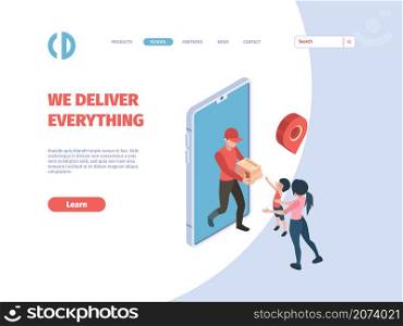 Delivery courier. Postmen order person holding product cardboard express delivery concept e-commerce garish vector isometric. Courier postman holding package, deliveryman from smartphone illustration. Delivery courier. Postmen order person holding product cardboard express delivery concept e-commerce garish vector isometric