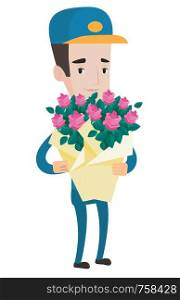 Delivery courier with bouquet of flowers. Delivery man holding bouquet of flowers. Young caucasian delivery man delivering flowers. Vector flat design illustration isolated on white background.. Delivery courier holding bouquet of flowers.