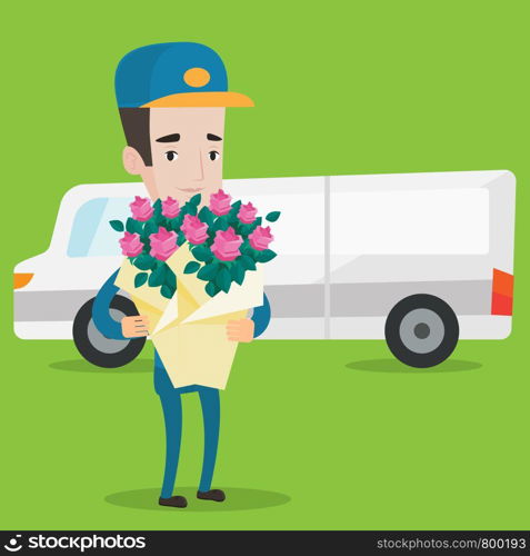 Delivery courier with bouquet of flowers on background of delivery truck. Delivery man holding bouquet of flowers. Young delivery man delivering flowers. Vector flat design illustration. Square layout. Delivery courier holding bouquet of flowers.