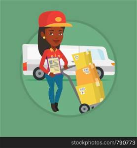 Delivery courier with cardboard boxes on trolley. Delivery courier holding clipboard. Courier standing in front of delivery van. Vector flat design illustration in the circle isolated on background.. Delivery courier with cardboard boxes.