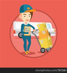Delivery courier with cardboard boxes on trolley. Delivery courier holding clipboard. Courier standing in front of delivery van. Vector flat design illustration in the circle isolated on background.. Delivery courier with cardboard boxes.