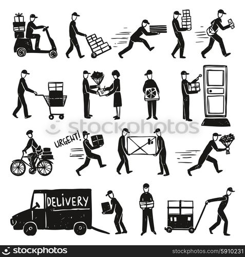 Delivery doodle set with postman and courier silhouettes isolated vector illustration. Delivery Doodle Set