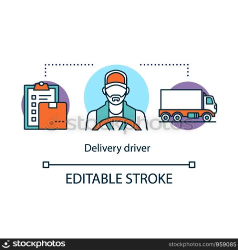 Delivery driver concept icon. Service worker idea thin line illustration. Express shipment, distribution. Delivery vehicle, truck. Cargo shipping. Vector isolated outline drawing. Editable stroke