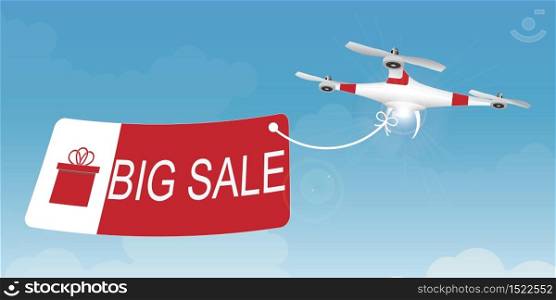 Delivery drone carrying a shopping sale advertisement banner in sky, commercial conceptual vector illustration.