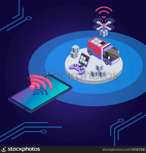 Delivery drone remote control isometric color vector illustration. UAV delivering parcel. Courier service smart technologies. Shipment monitoring smartphone app 3d concept isolated on blue background