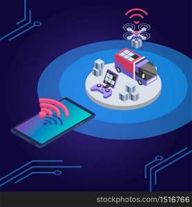 Delivery drone remote control isometric color vector illustration. UAV delivering parcel. Courier service smart technologies. Shipment monitoring smartphone app 3d concept isolated on blue background