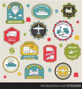 Delivery emblems colored paper shipping stickers set isolated vector illustration. Delivery Emblems Colored