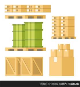 Delivery Equipment Box Barrel Pallet Tray Set. Closed Brown Cardboard and Wooden Package in Various Size with Barcode, Green Tank on Tray. Warehouse Transportation. Flat Cartoon Vector Illustration. Delivery Equipment Box Barrel Pallet Tray Set