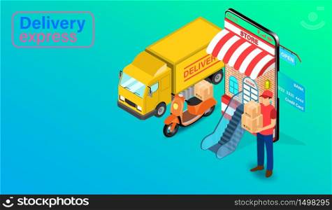 Delivery Express by Parcel Delivery Person with truck and scooter on mobile application. Online Food Order and Package in E-commerce by Website. isometric flat design. Vector illustration
