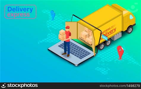 Delivery express by parcel delivery person with truck on computer laptop with GPS. Online food order and package in E-commerce by website global. isometric flat design. Vector illustration