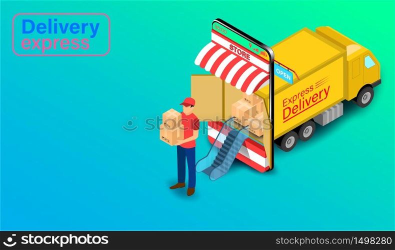 Delivery Express by Parcel Delivery Person with truck on mobile application. Online Food Order and Package in E-commerce by Website. isometric flat design. Vector illustration