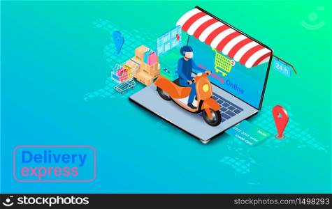 delivery express by scooter on computer laptop. Online food order and package in E-commerce by app. isometric flat design. Vector illustration