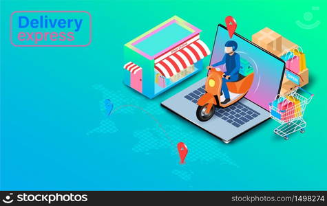 Delivery express by scooter on computer laptop with GPS. Online food order and package in E-commerce by website global. isometric flat design. Vector illustration