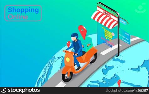 Delivery express by scooter on global with mobile system GPS. Online food order and package in E-commerce by application. isometric flat design. Vector illustration