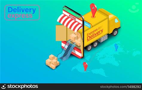 Delivery express by scooter on mobile with GPS. Online food order and package in E-commerce by website global. isometric flat design. Vector illustration