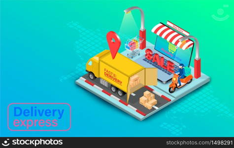 Delivery express by truck and scooter on computer laptop with GPS. Online food order and package in E-commerce by website global. isometric flat design. Vector illustration