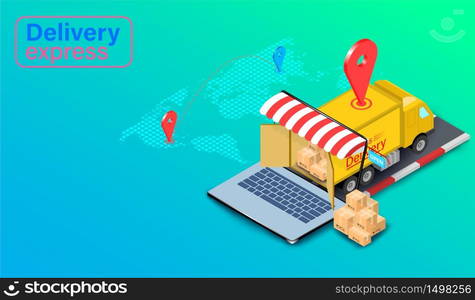 Delivery express by truck on computer laptop with GPS. Online food order and package in E-commerce by website global. isometric flat design. Vector illustration