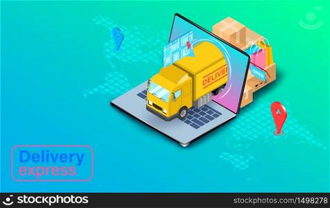 Delivery express by truck on computer laptop with GPS. Online food order and package in E-commerce by website. isometric flat design. Vector illustration