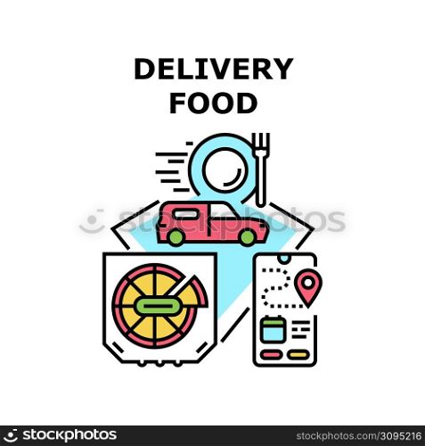 Delivery Food Vector Icon Concept. Delivery Food Service For Fast Delivering Pizza Nutrition Dish To Customer From Restaurant And Cafe, Mobile Phone App For Order Online Monitoring Color Illustration. Delivery Food Vector Concept Color Illustration
