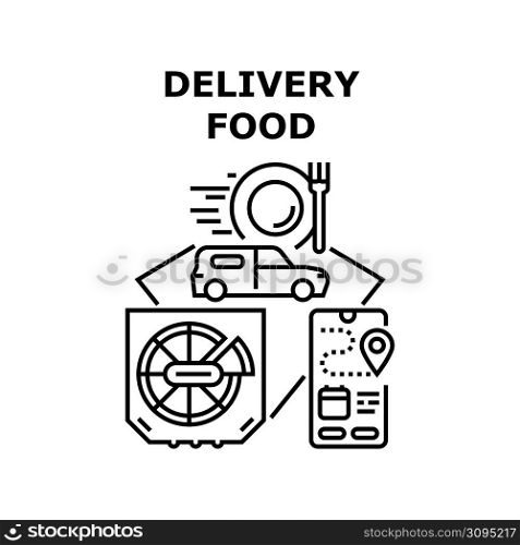 Delivery Food Vector Icon Concept. Delivery Food Service For Fast Delivering Pizza Nutrition Dish To Customer From Restaurant And Cafe, Mobile Phone App For Order Online Monitoring Black Illustration. Delivery Food Vector Concept Black Illustration