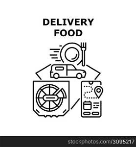 Delivery Food Vector Icon Concept. Delivery Food Service For Fast Delivering Pizza Nutrition Dish To Customer From Restaurant And Cafe, Mobile Phone App For Order Online Monitoring Black Illustration. Delivery Food Vector Concept Black Illustration