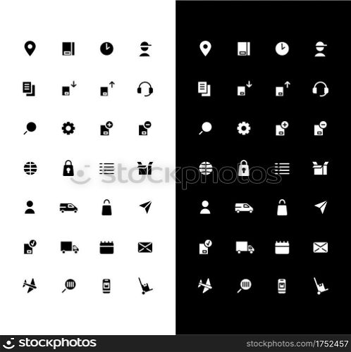 Delivery glyph icons set for night and day mode. Mobile app for order delivery tracking. Smartphone UI elements. Silhouette symbols for light, dark theme. Vector isolated illustration bundle. Delivery glyph icons set for night and day mode