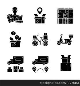 Delivery glyph icons set. Parcel tracking, post office, cardboard box, order packing. Heavy goods shipping truck. Scooter, bicycle delivery. Silhouette symbols. Vector isolated illustration