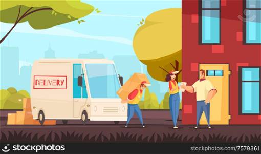Delivery goods composition with cityscape scenery and logistics shipping service doodle style human characters with van vector illustration