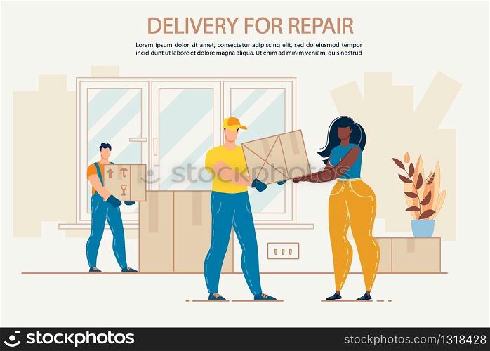 Delivery Goods for Home Apartment or Office Repair. Woman Customer Receiving Parcel Boxes Purchased in Hardware Store. Courier Characters Delivering Tools for Work in Packages. Shipping Service. Delivery Goods for Home Apartment Office Repair