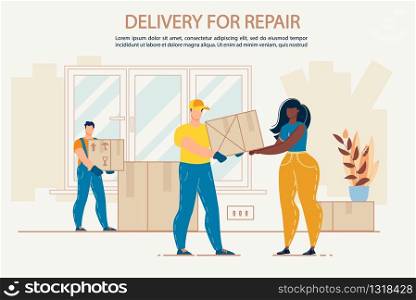 Delivery Goods for Home Apartment or Office Repair. Woman Customer Receiving Parcel Boxes Purchased in Hardware Store. Courier Characters Delivering Tools for Work in Packages. Shipping Service. Delivery Goods for Home Apartment Office Repair