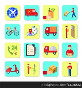 Delivery Icon Flat Set. Set of 16 flat isolated icons for delivery service and shipping vector illustration