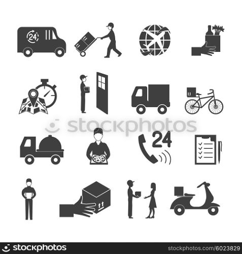 Delivery Icon Set. Delivery icon set with transport order service in white and black vector illustration