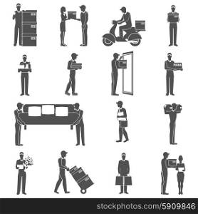 Delivery industry black icons set with male figures isolated vector illustration. Delivery Man Icons Set