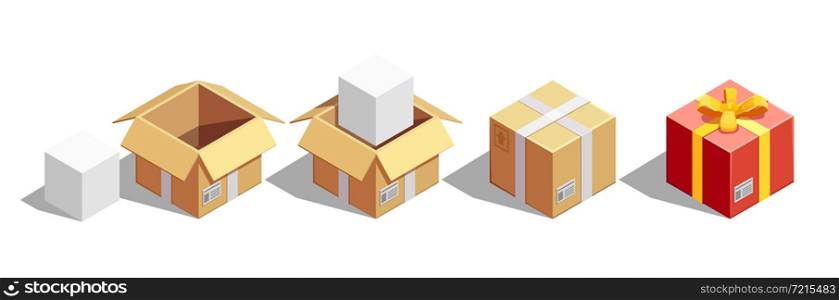 Delivery isometric collection of isolated square carton images pasteboard box for sending and festive gift box vector illustration