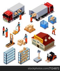 Delivery isometric. Logistic, distribution warehouse, truck with people workers carrying boxes package. 3d cargo industry vector set. Illustration of truck logistic transport, industrial delivery. Delivery isometric. Logistic, distribution warehouse, truck with people workers carrying boxes package. 3d cargo industry vector set