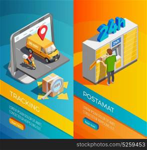Delivery Isometric Vertical Banners . Delivery isometric vertical banners with transportation tracking and post parcel lockers compositions isometric vector illustration