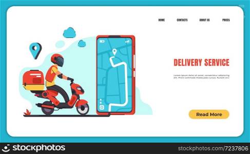 Delivery landing page. Food and goods online order and delivery with courier to home and office. Vector isometric illustration smartphone and web application delivery food. Delivery landing page. Food and goods online order and delivery with courier to home and office. Vector smartphone and web application