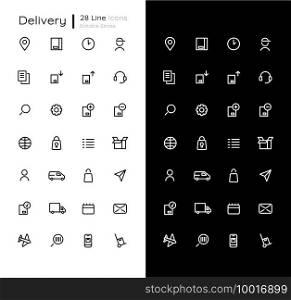 Delivery linear icons set for dark and light mode. Mobile app for order delivery tracking. UI elements. Customizable thin line symbols. Isolated vector outline illustrations. Editable stroke. Delivery linear icons set for dark and light mode