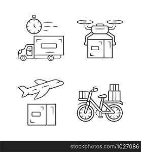 Delivery linear icons set. Thin line contour symbols. Shipping service. Drone, plane, bicycle delivery. Logistics and distribution. Postal service. Isolated vector illustrations. Editable stroke