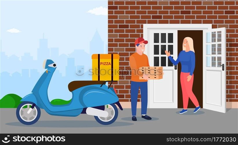 delivery man bringing a pile of pizza boxes near house facade. Courier character holds pizza. Free and fast shipping. Vector illustration in flat style. delivery man bringing a pile of pizza boxes