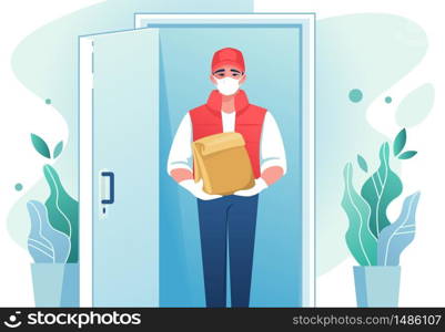 Delivery man. Cartoon courier with face mask at the door with cardboard package, coronavirus prevention. Vector illustration delivery to home on door backgrounds. Delivery man. Cartoon courier with face mask at the door with cardboard package, coronavirus prevention. Vector delivery to home